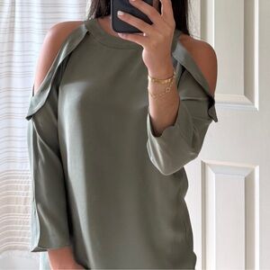 Ramy Brook Martie Cold Shoulder Silk Top Olive Green Size Small